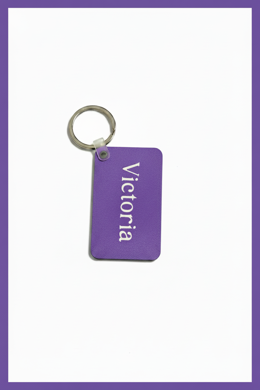 A rectangular purple keychain tag with the name 'Victoria' printed vertically in white, attached to a silver metal key ring, shown on a white background with a purple border. Roxzell