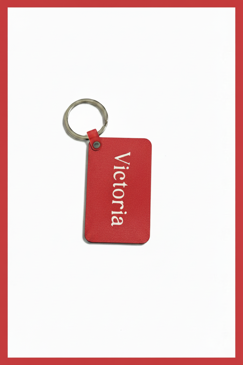 A rectangular red keychain tag with the name 'Victoria' printed vertically in white, attached to a silver metal key ring, shown on a white background with a red border. Roxzell