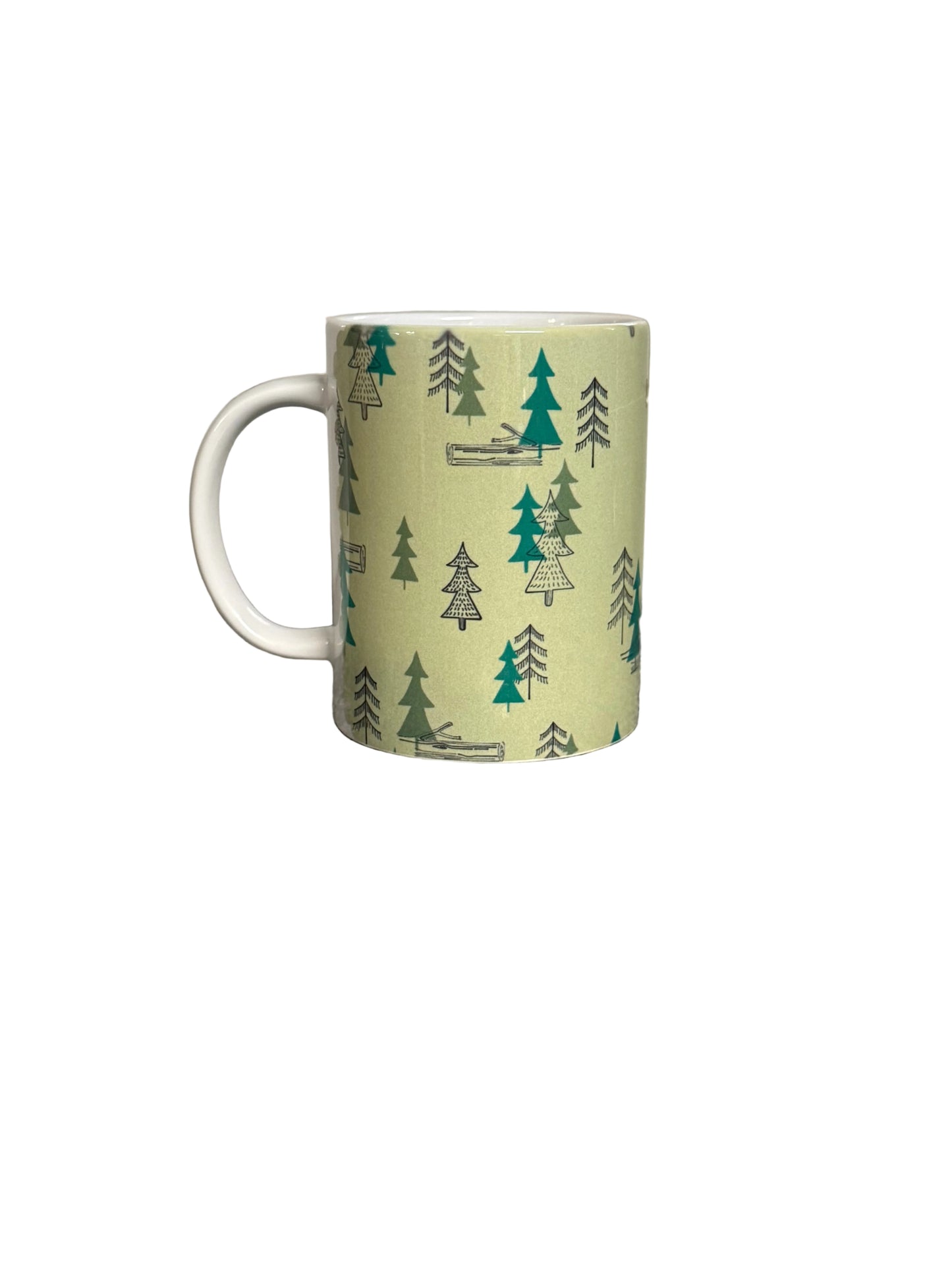 12 oz coffee mug with camping site forest trees design.