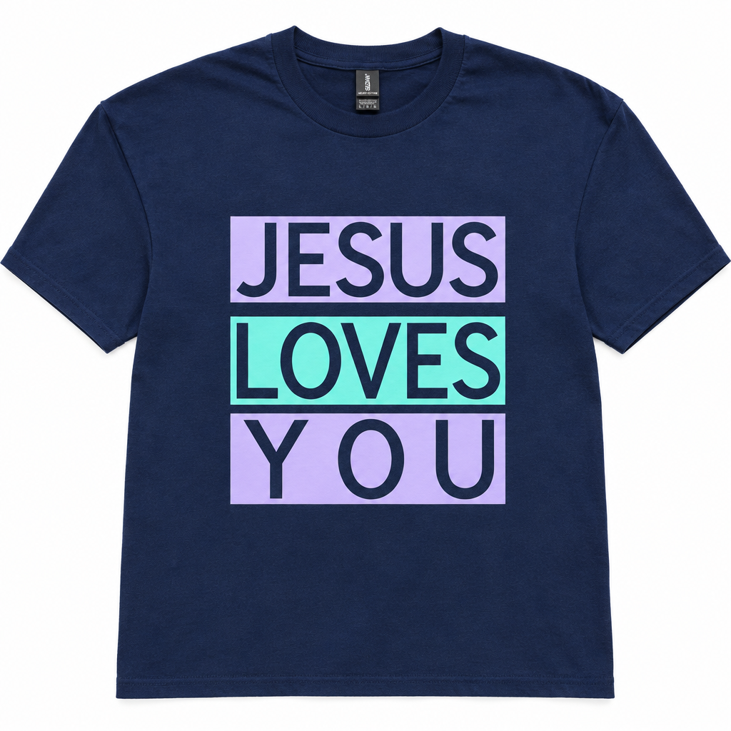 A navy blue short-sleeve t-shirt laid flat on a light beige background, featuring a graphic print that reads 'JESUS LOVES YOU' in black block letters across three stacked lilac and mint green rectangular blocks. Roxzell