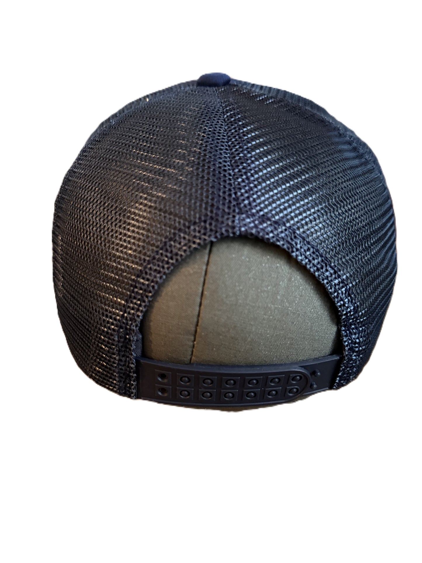 Back view of navy mesh-back cap with teddy bear patch on the front. Roxzell