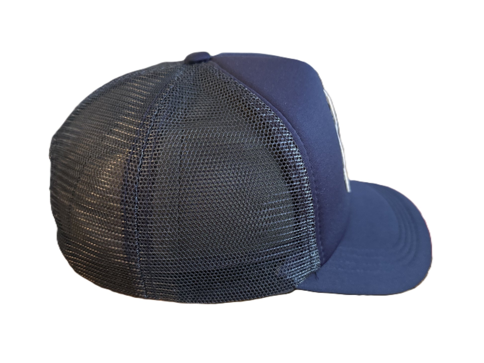 Right side angle of navy mesh-back cap with teddy bear patch on the front. Roxzell