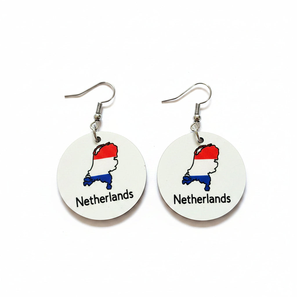Two circular earrings with the Netherlands map and flag colors, shown against a clean white backdrop for product display.