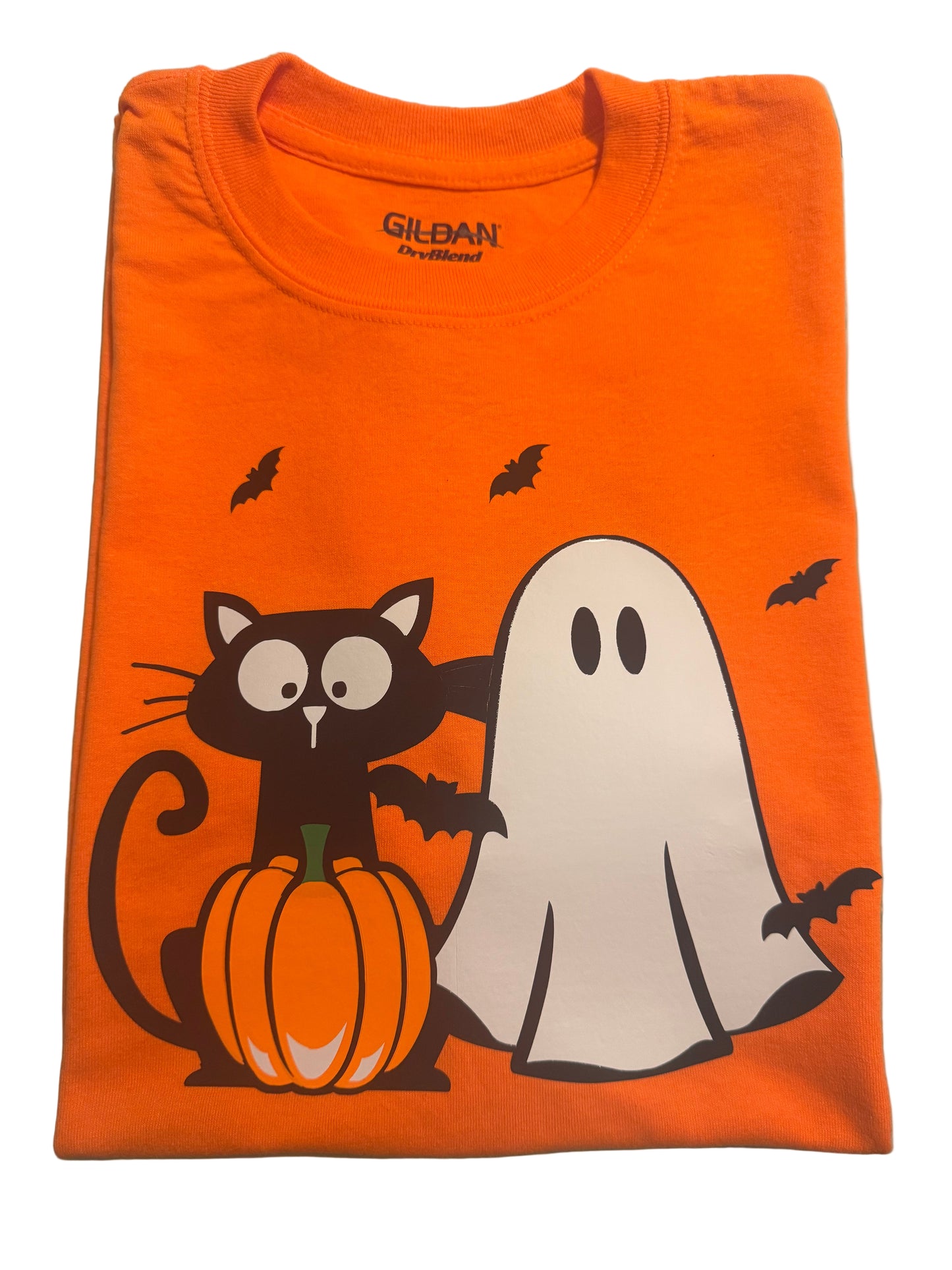Orange t-shirt with Halloween-themed design of a black cat, ghost, and pumpkin Roxzell