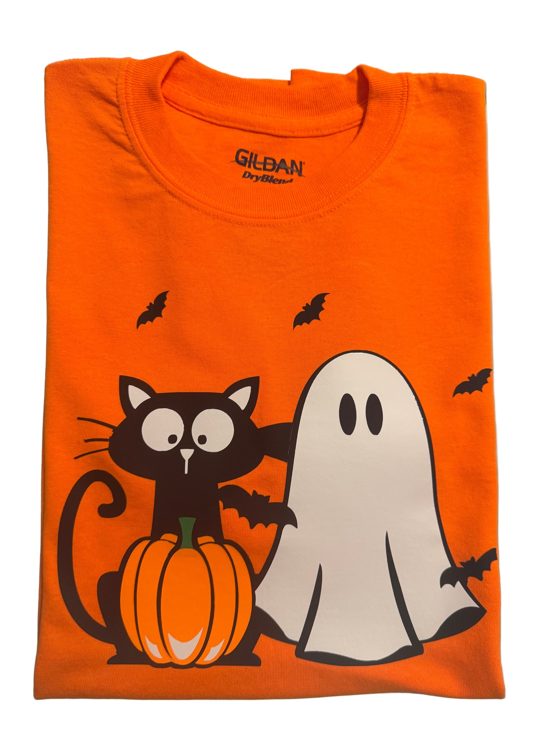 Orange t-shirt with Halloween-themed design of a black cat, ghost, and pumpkin Roxzell