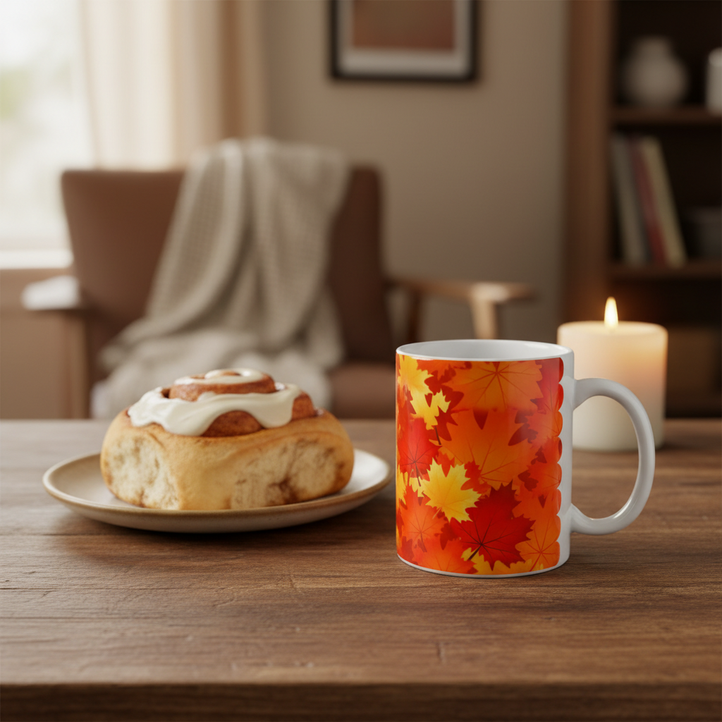 A white ceramic mug with a colorful autumn maple leaf pattern sits on a wooden table next to a plate of cinnamon rolls in a cozy, softly blurred living room setting. Roxzell