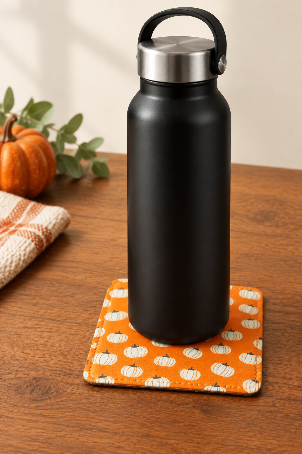 A matte black insulated water bottle with a stainless steel lid and carry loop, standing on an orange coaster with a white pumpkin pattern on a wooden table. Roxzell