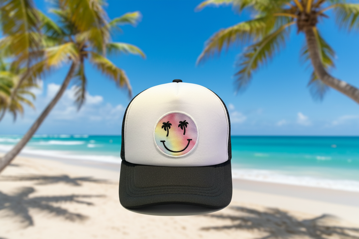 A white and black trucker hat with a colorful smiley face graphic featuring palm trees, set against a blurred tropical beach background with palm trees and blue ocean. Roxzell