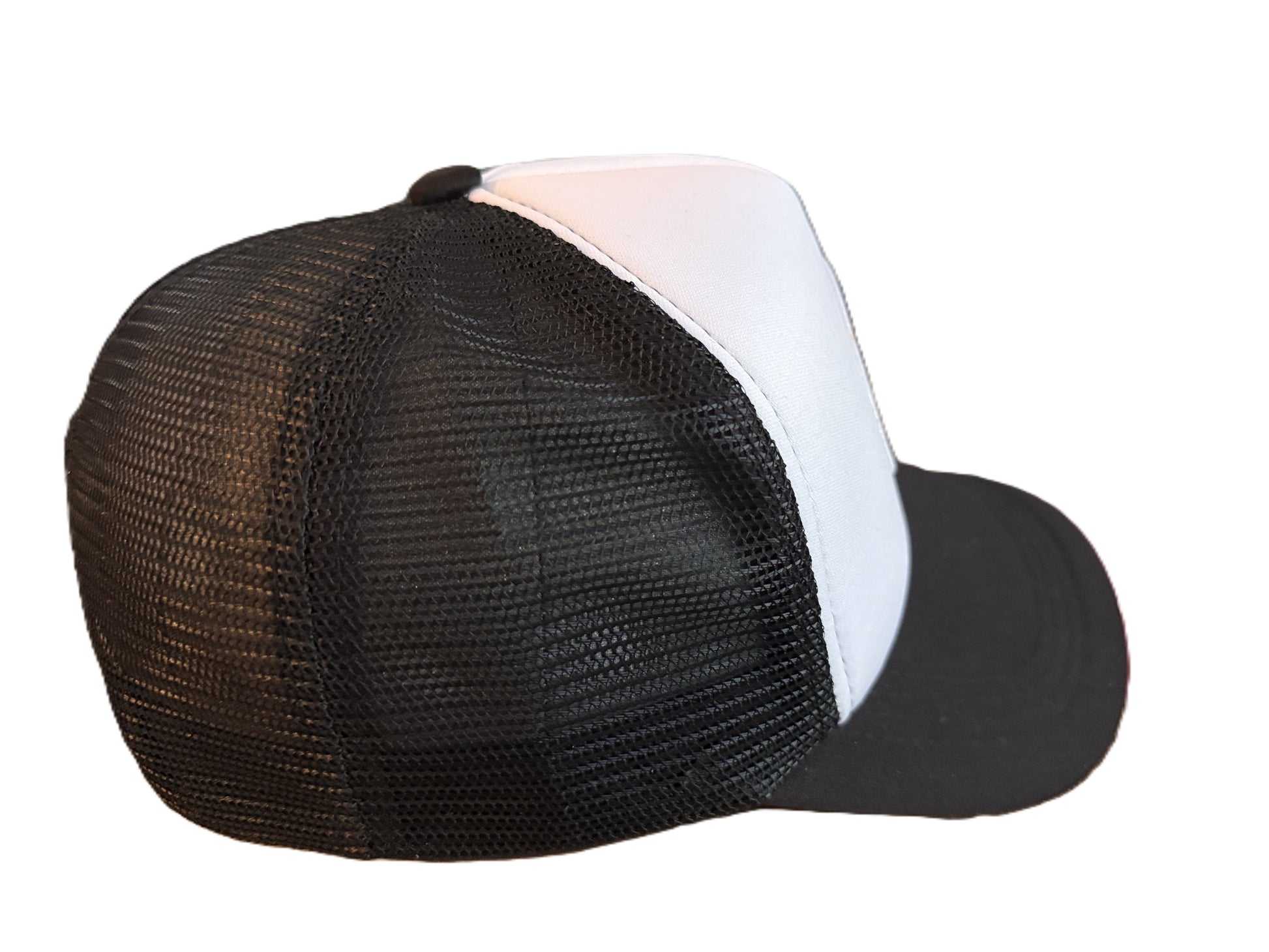 Right side view of a black mesh Smiley Face trucker hat showing adjustable snap closure and breathable material. Roxzell