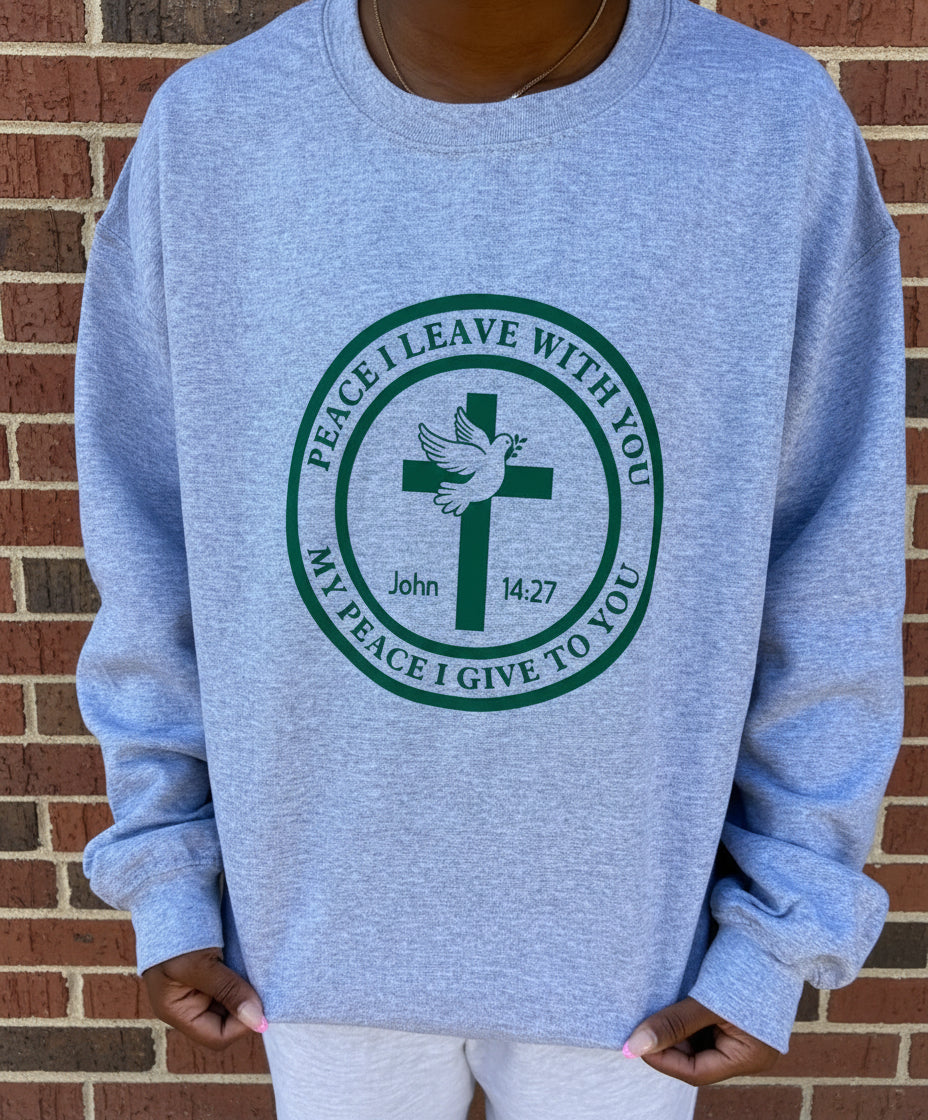 Gray sweatshirt with a green cross and dove design with scripture John 14:27 "Peace I Leave With You....", Roxzell