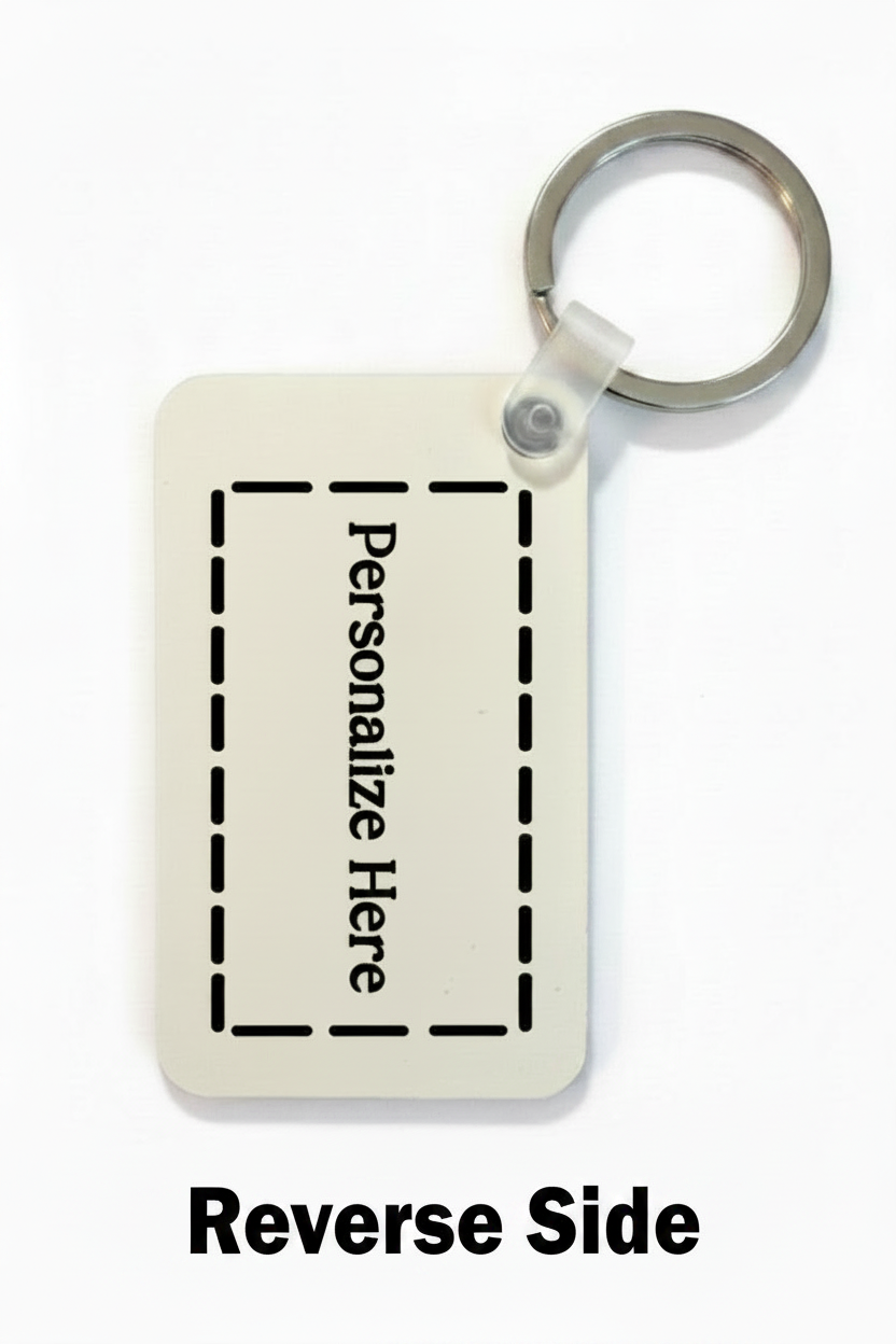 Rectangular keychain with text 'Personalize Here' on a white background with 'Reverse Side' at the bottom of the white background. Roxzell