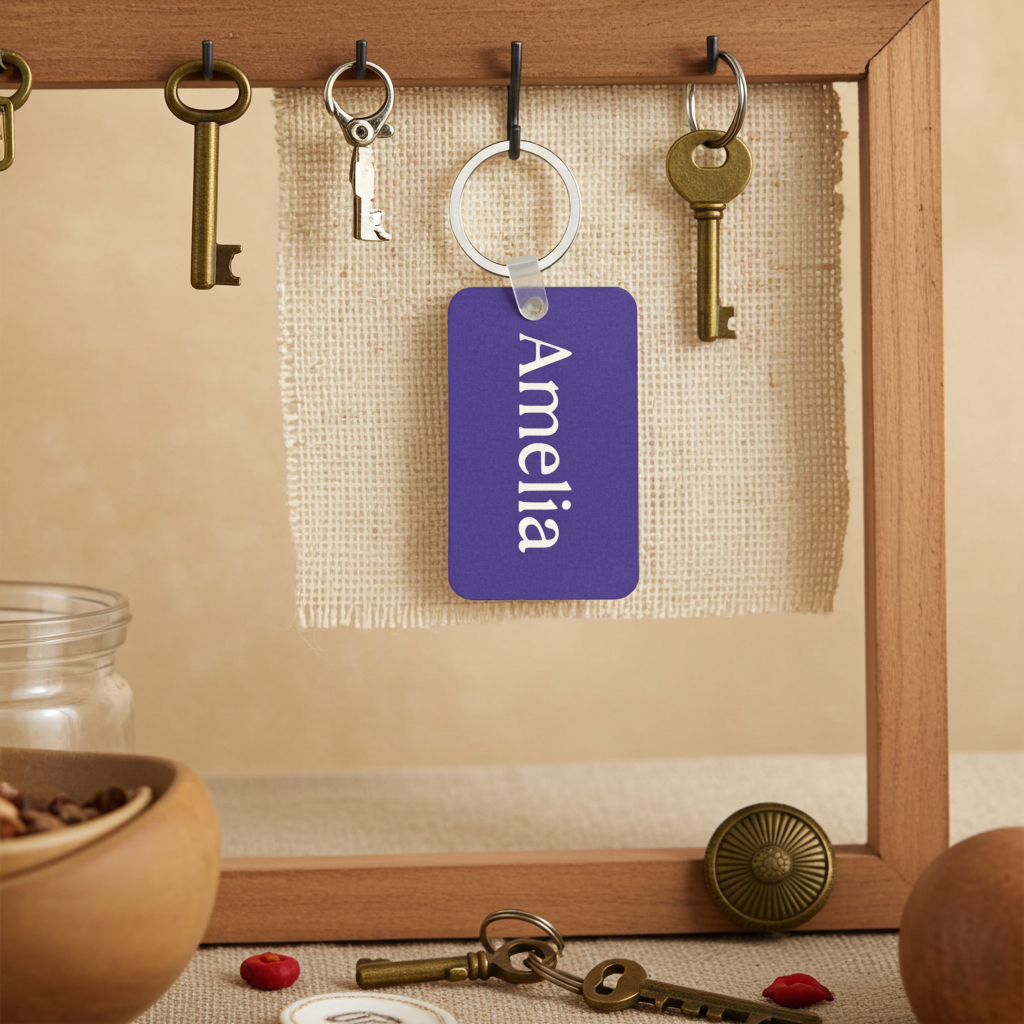 A personalized purple keychain with the name 'Amelia' in white script, hanging from a black hook on a wooden board with keys. The scene is styled with a burlap backdrop, wooden frame, and decorative props. Roxzell