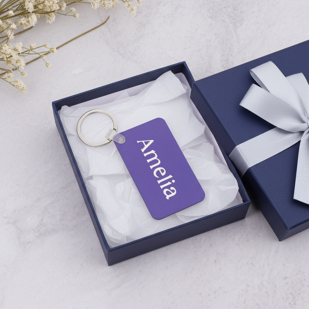 A personalized purple rectangular keychain with the name 'Amelia' in white script, attached to a silver key ring and presented in an open navy gift box with white tissue paper. A closed navy gift box with a white ribbon bow sits beside it on a light marble surface. Roxzell