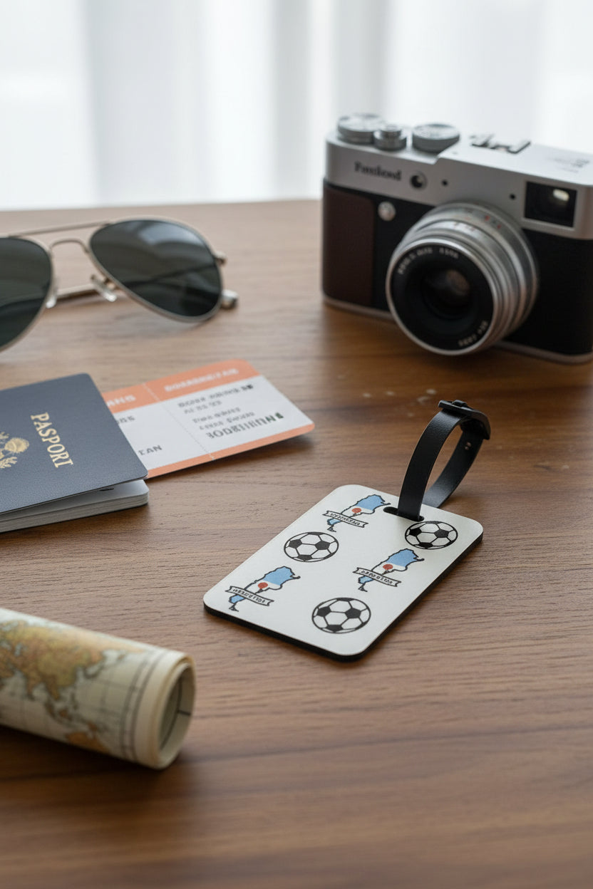 Soccer themed Argentina luggage tag with black strap