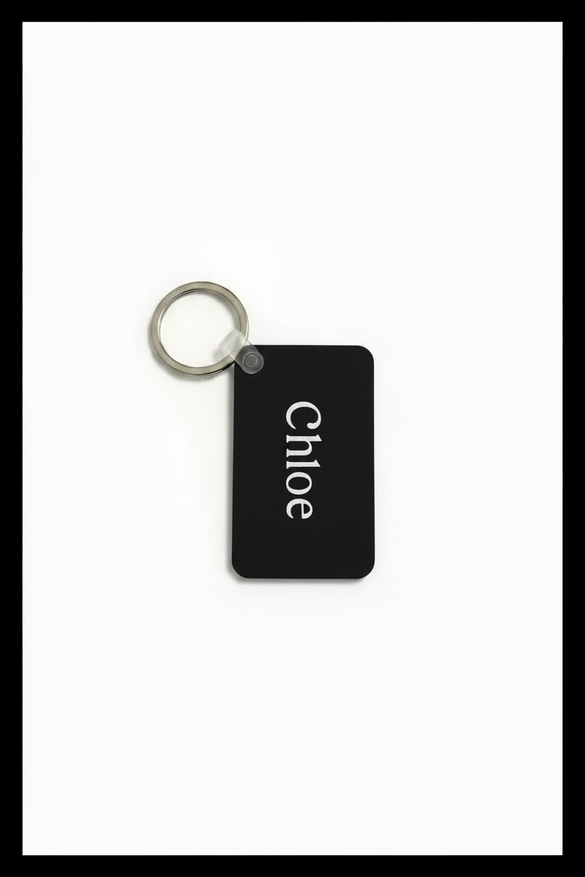 A black rectangular key tag with rounded corners and a silver metal key ring, featuring the name 'Chloé' printed vertically in white on the front, set against a plain white background. Roxzell
