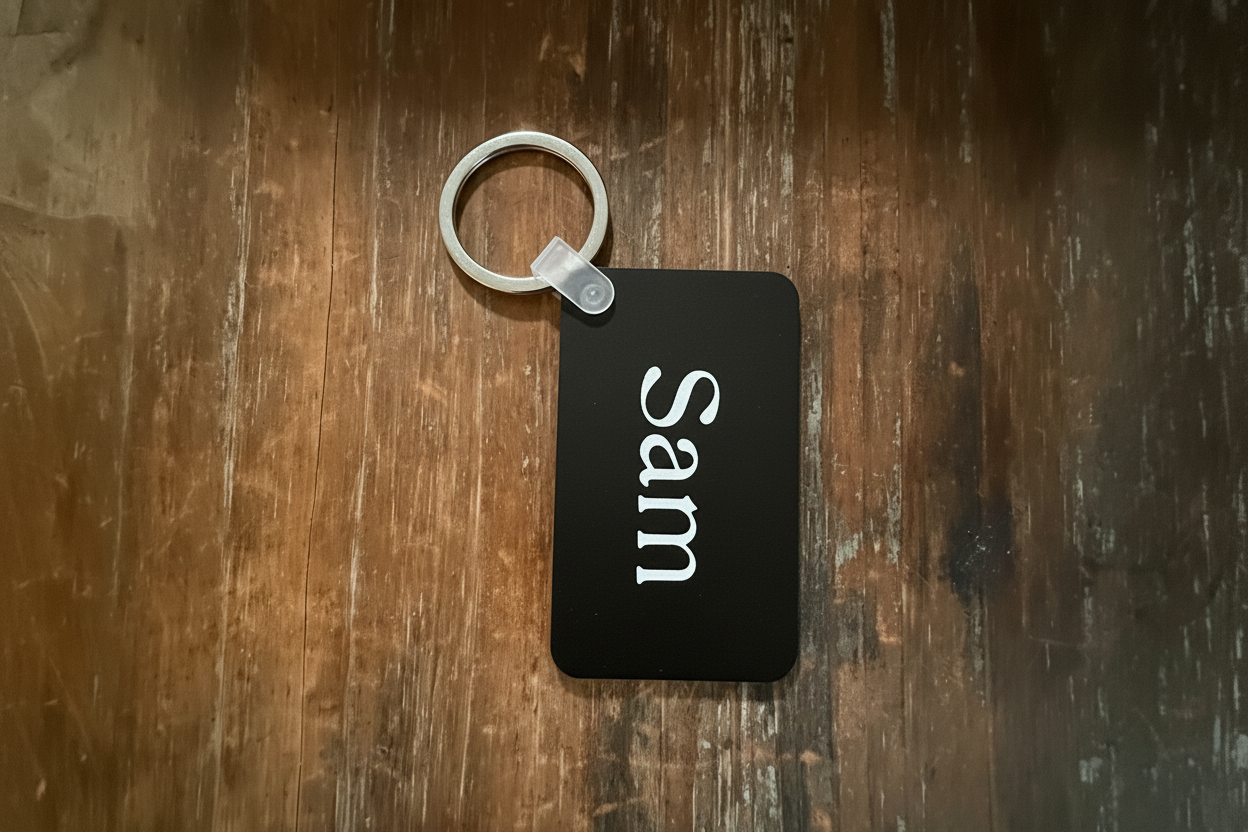 Personalized black keychain with 'Sam' text on a wooden surface