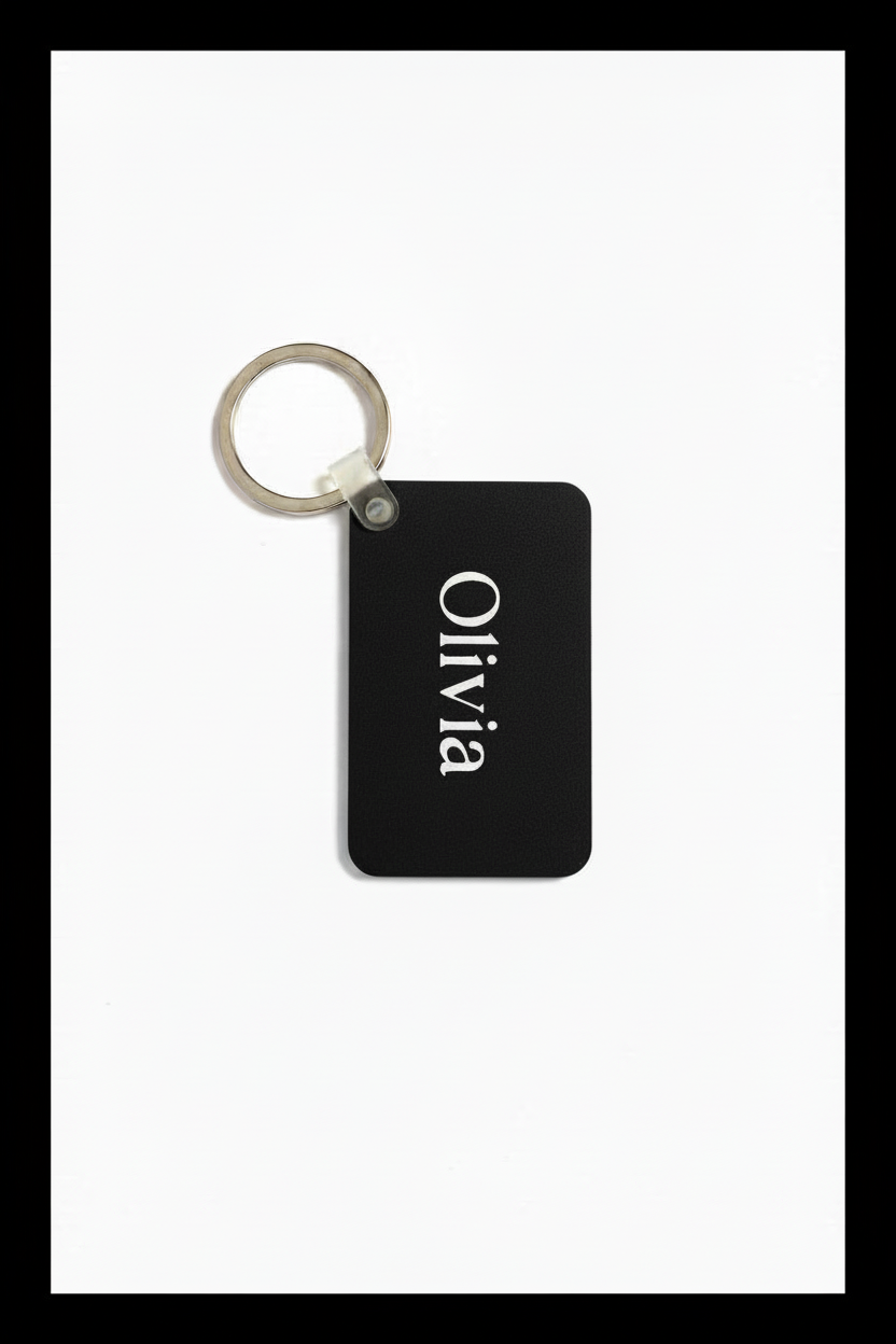 A black rectangular keychain tag with the name 'Olivia' printed vertically in white, attached to a silver metal split ring, shown on a plain white background with a black border. Roxzell