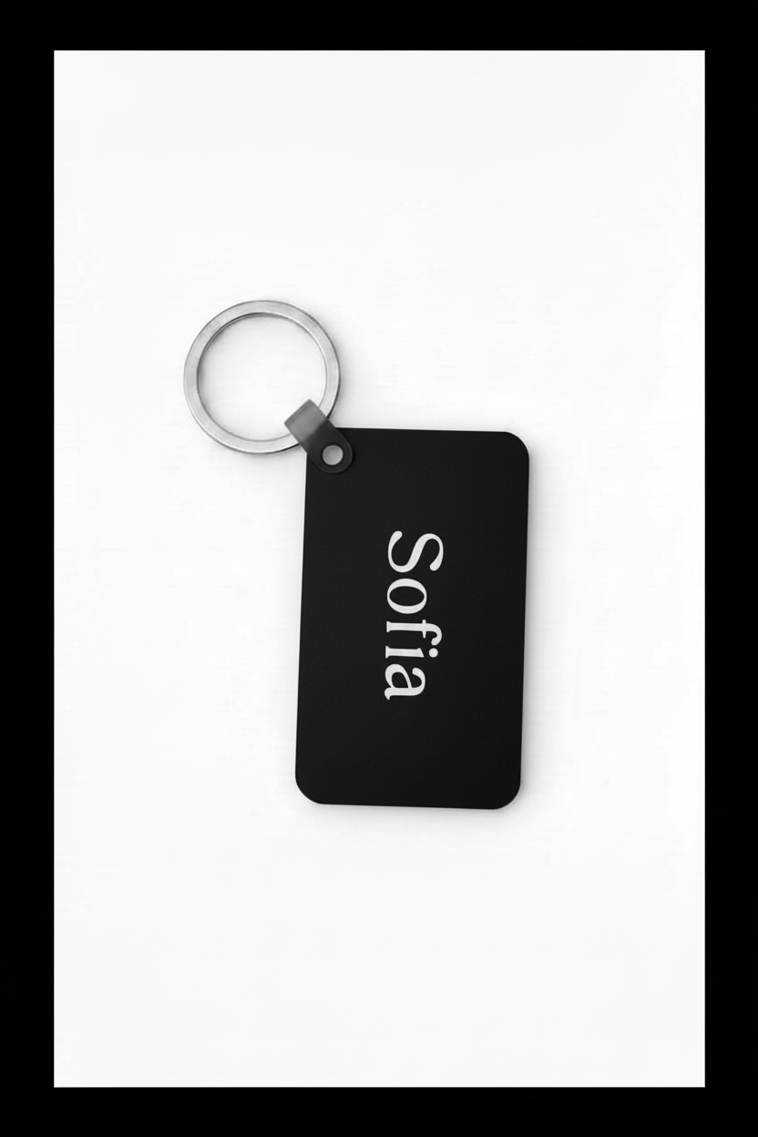 A black rectangular keychain tag with rounded corners and a silver split key ring, featuring the name 'Sofia' printed vertically in white. The tag is centered on a white background with a black border. Roxzell