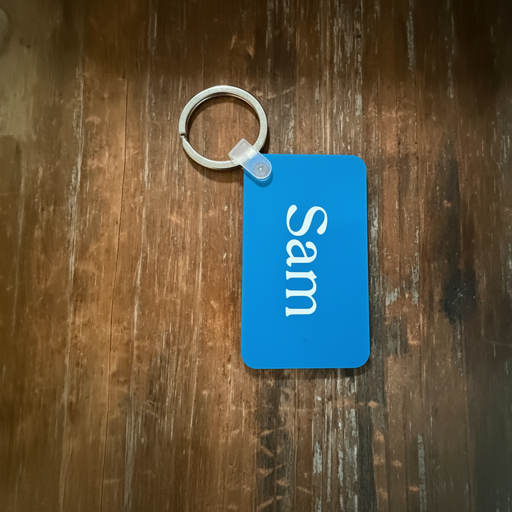 Personalized blue keychain with name 'Sam' on a wooden surface. Roxzell