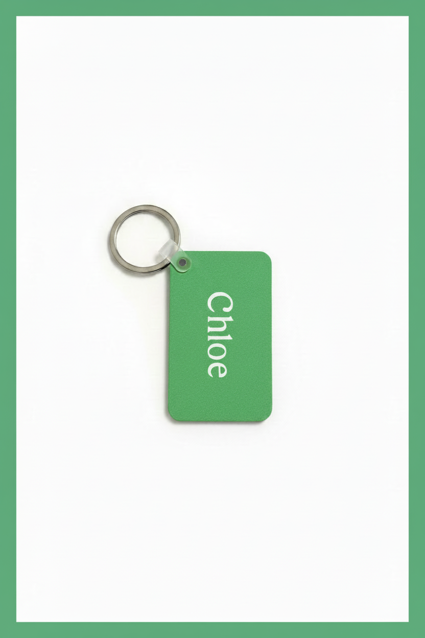 A green rectangular key tag with rounded corners and a silver metal key ring, featuring the name 'Chloé' printed vertically in white. The key tag is centered on a white background with a decorative green border. Roxzell