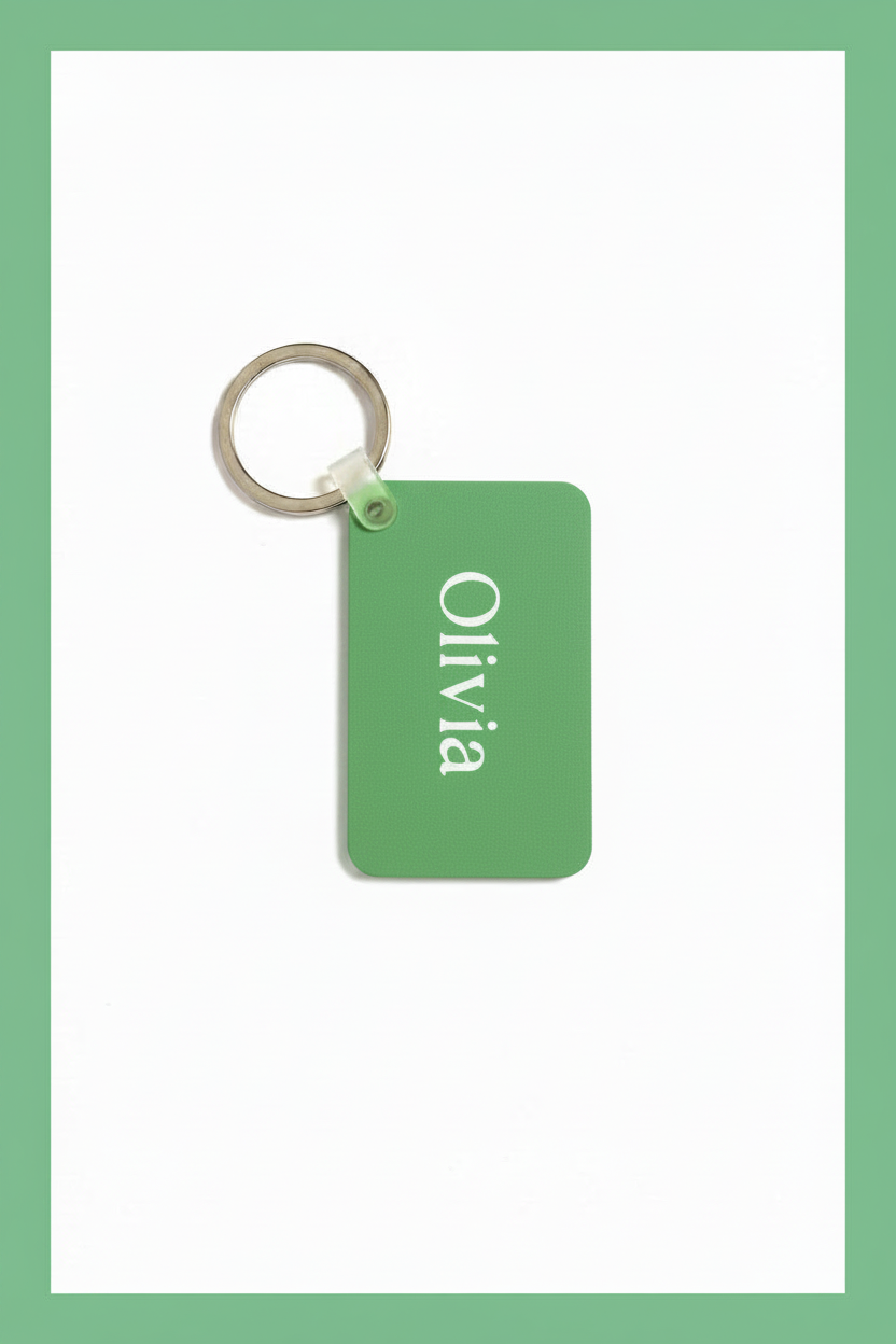 A rectangular green keychain tag with rounded corners, featuring the name 'Olivia' printed vertically in white. The tag is attached to a silver metal split keychain against a plain white background with a green border. Roxzell