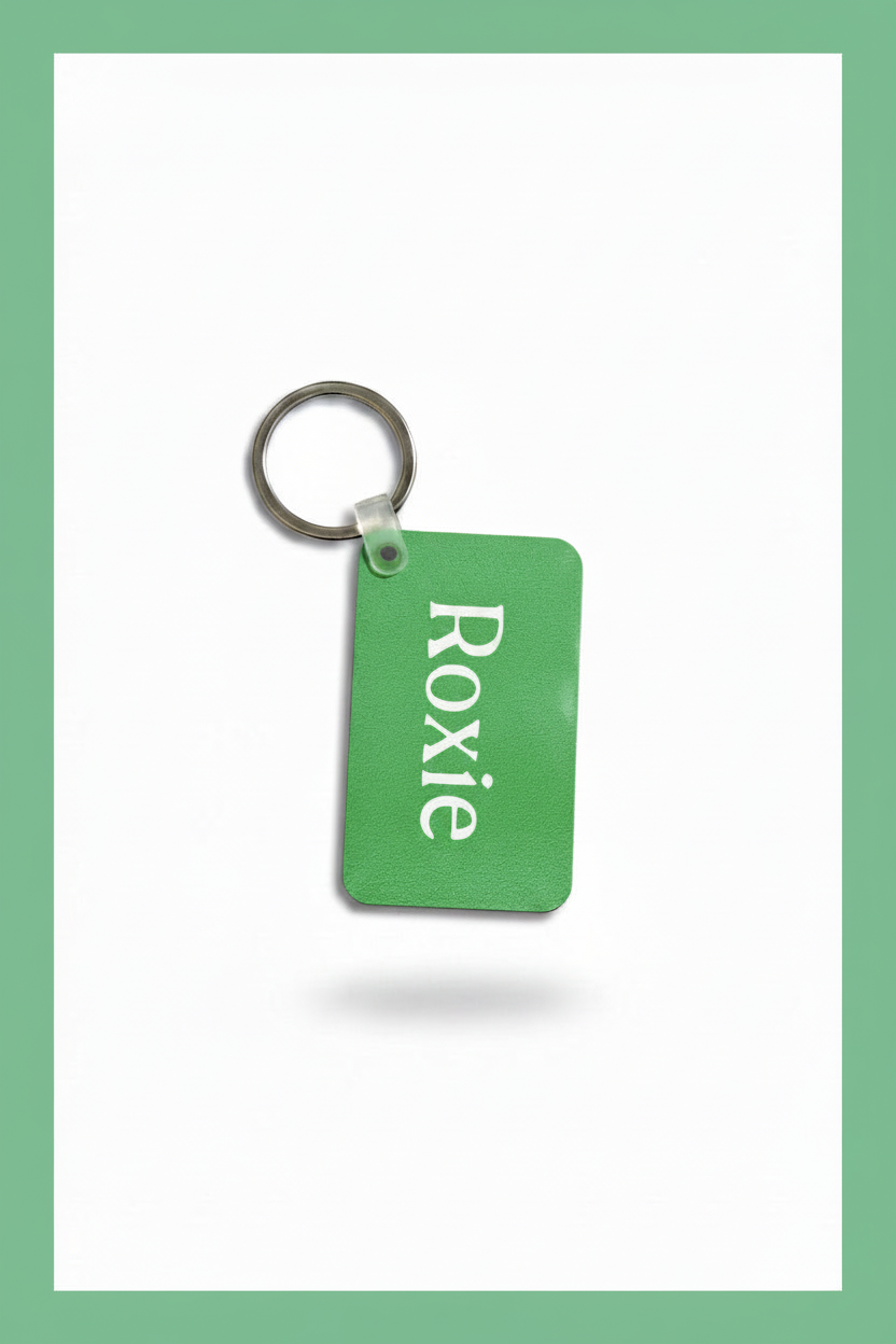 A green rectangular keychain with the name 'Roxie' printed in white, attached to a silver metal key ring, placed on a white background with a green border. Roxzell