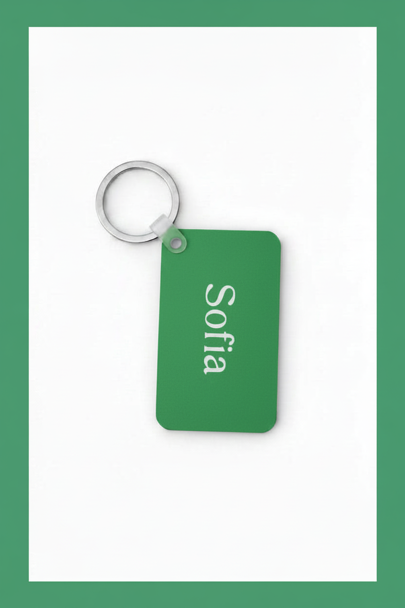 A rectangular green keychain with rounded corners, attached to a silver metal split ring. The keychain is printed with the name 'Sofia' in white vertical text, set against a white background with a green border. Roxzell