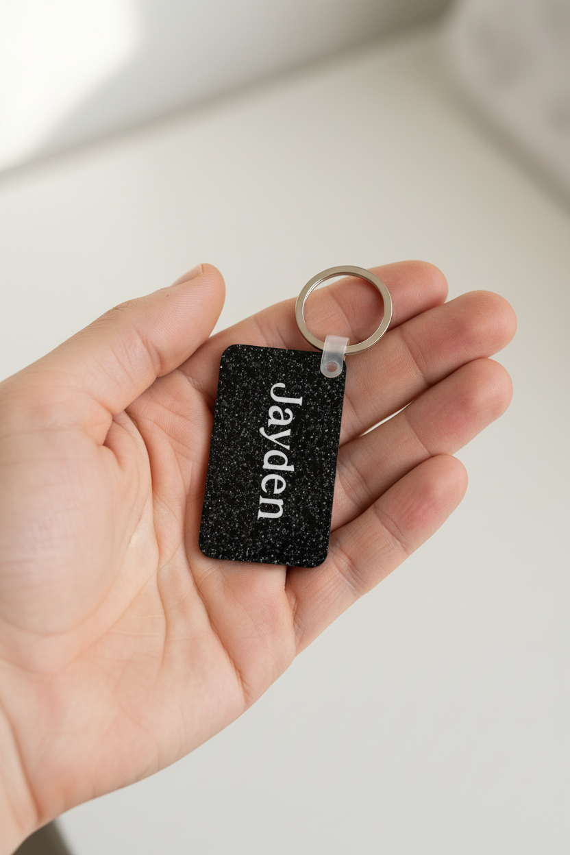 A hand holding a black glittery rectangular keychain with the name 'Jayden' printed in white script, attached to a silver metal key ring.