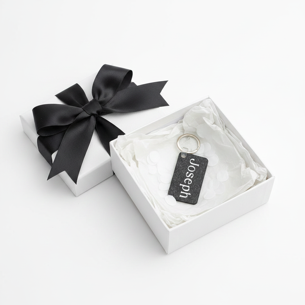 Personalized keychain with name Joseph in white print in a white gift box with a black bow. Roxzell