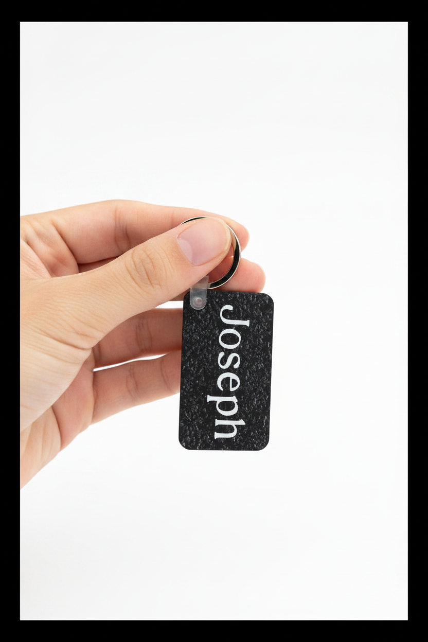 A hand holding a small rectangular black keychain with the name 'Joseph' printed vertically in white, attached to a black ring, against a plain white background. Roxzell