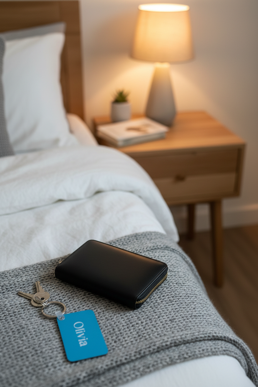 A blue keychain with the name 'Olivia' and a black leather wallet on a gray knit blanket spread across a bed with a softly blurred background, a wooden nightstand holds a lit table lamp and a book. Roxzell