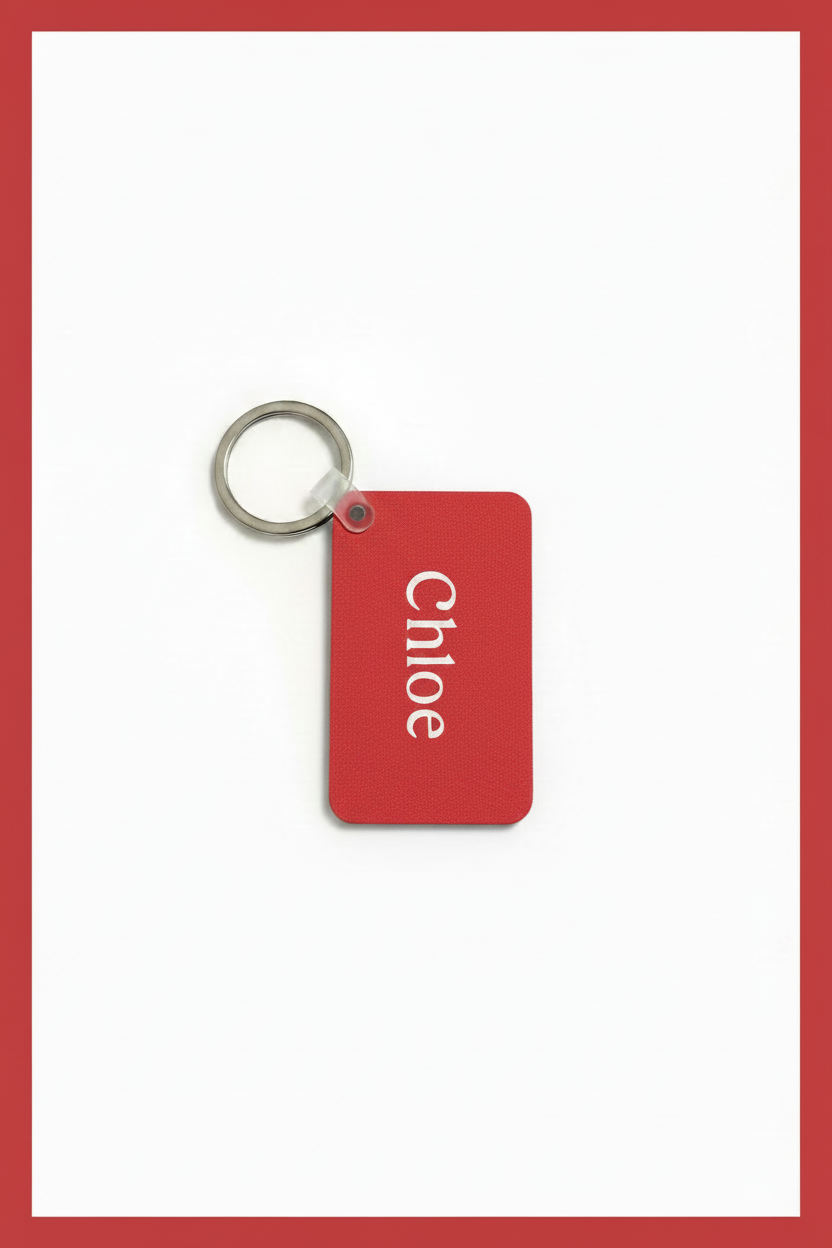 A red rectangular keychain with rounded corners and a silver metal key ring, featuring the name 'Chloé' printed vertically in white serif text, set against a white background with a red border. Roxzell