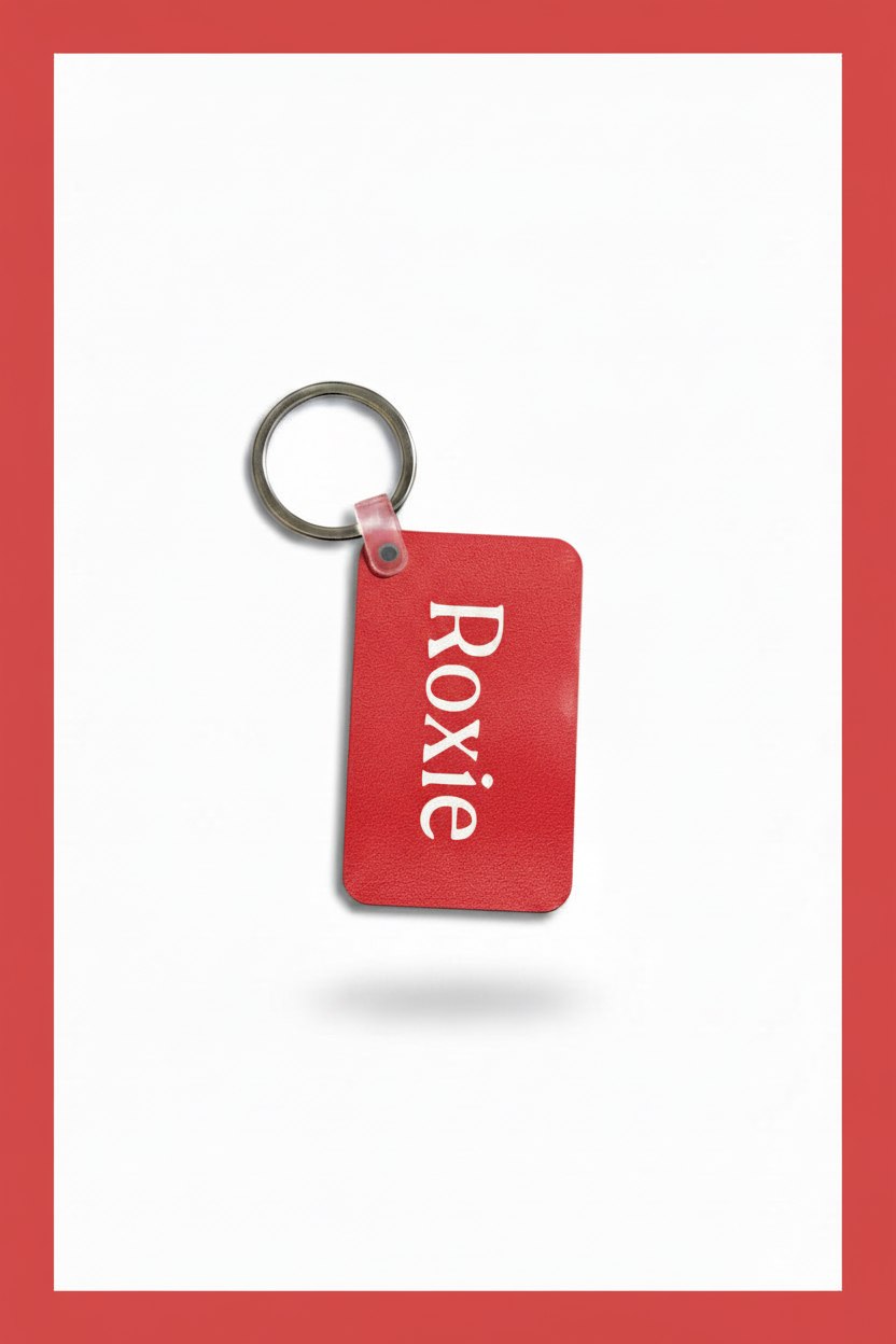 A red rectangular keychain with the name 'Roxie' printed in white, attached to a silver metal key ring, placed on a white background with a red border. Roxzell