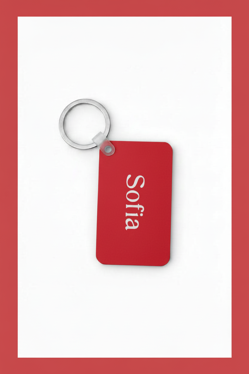 A rectangular red keychain with rounded corners, attached to a silver metal split ring. The keychain is printed with the name 'Sofia' in white vertical text, set against a white background with a red border. Roxzell