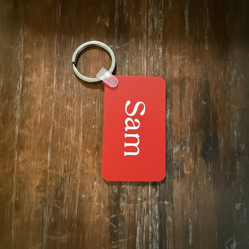 Personalized red keychain with 'Sam' on a wooden surface. Roxzell