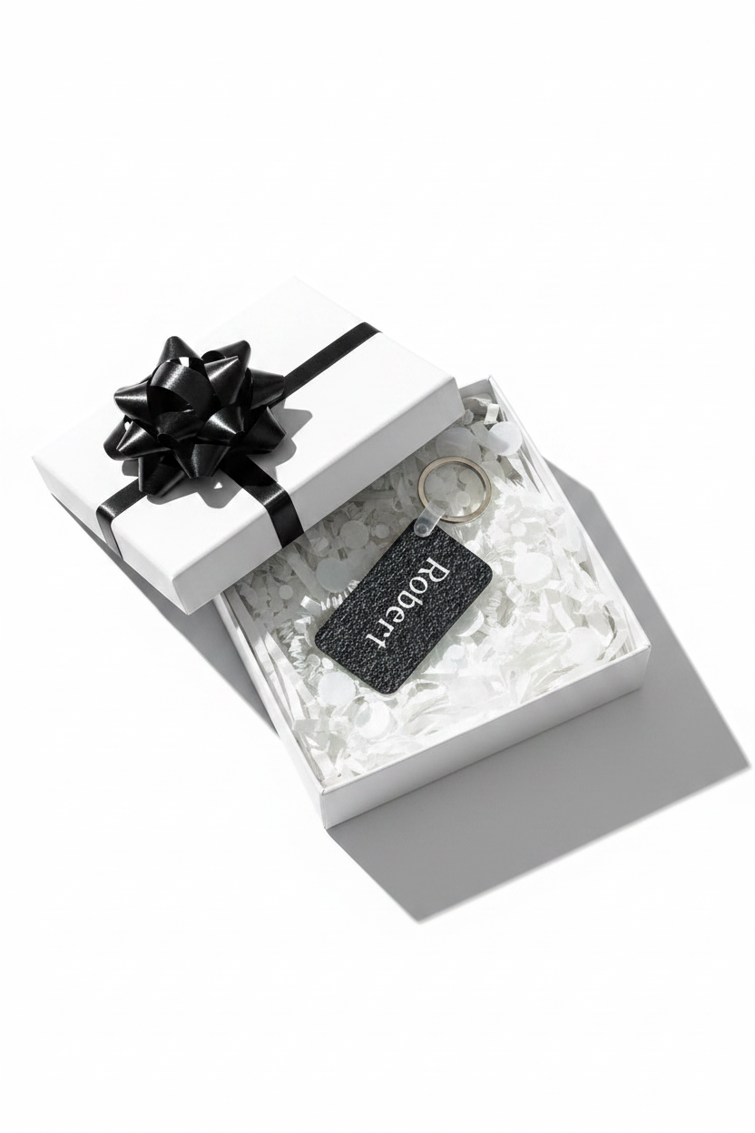 A rectangular black textured keychain with the name 'Robert' printed vertically in white, attached to a silver metal key ring, inside a white gift box with a black bow on a plain white background.
