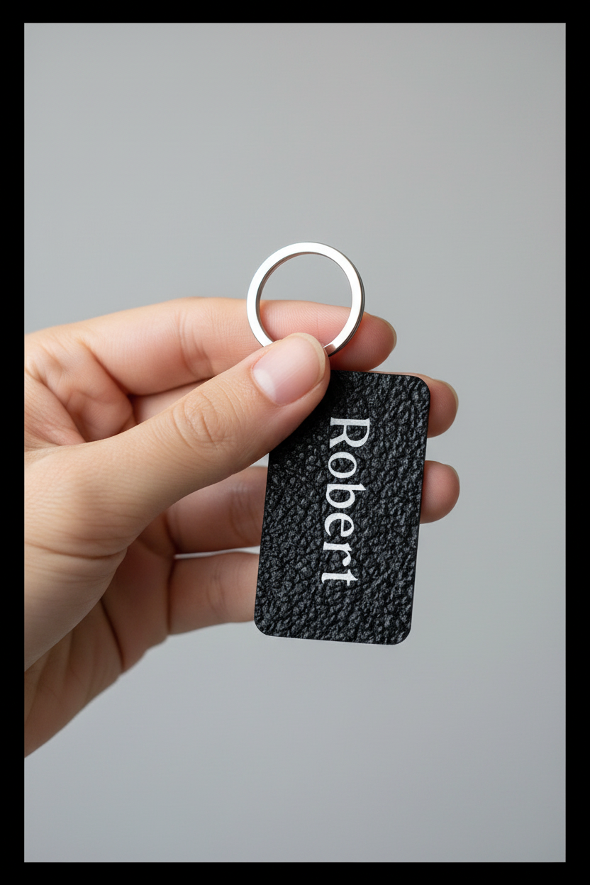 A hand holding a black textured keychain with the name 'Robert' printed vertically in white, attached to a silver metal key ring, against a plain gray background. Roxzell
