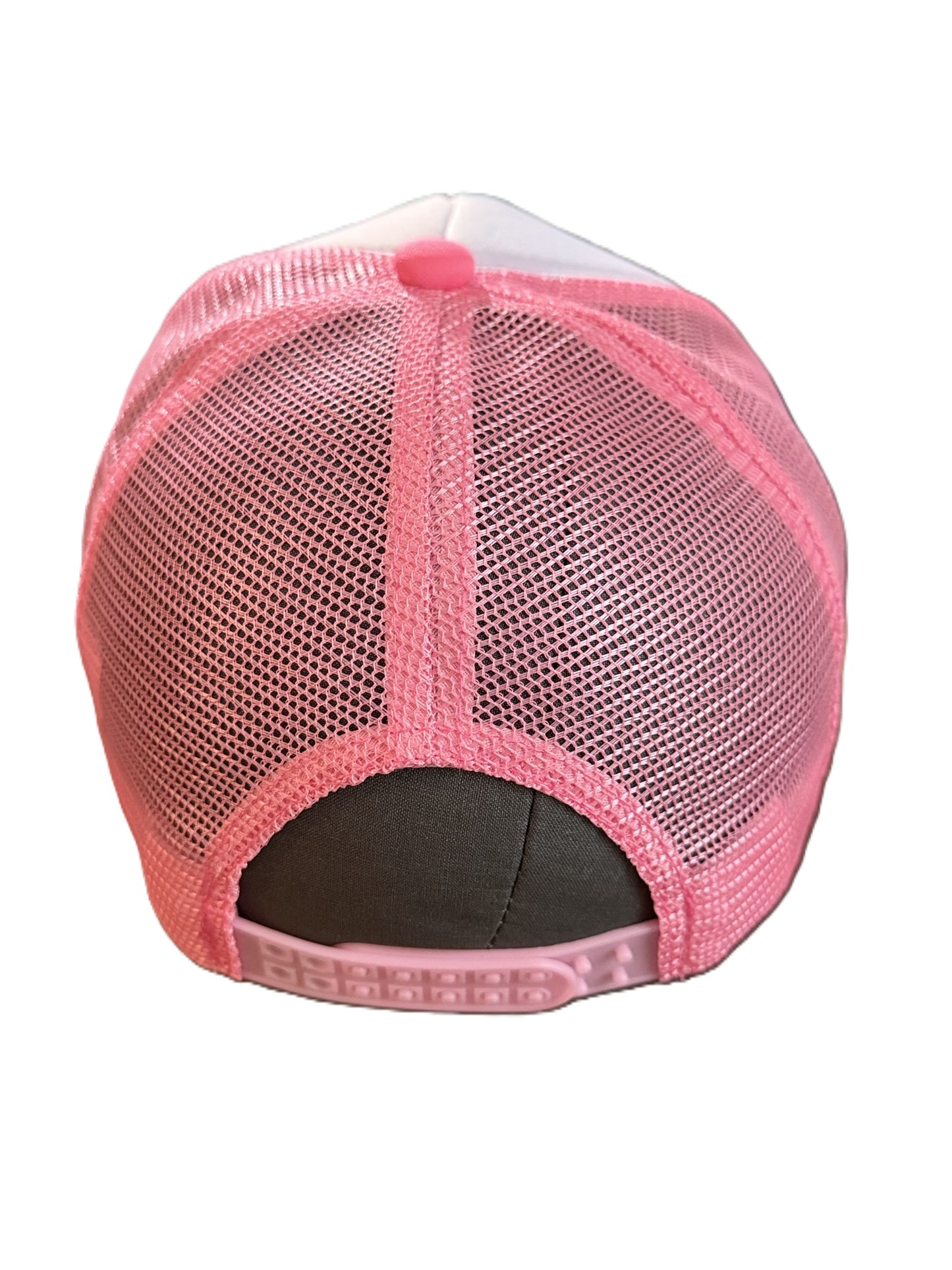 Back view of the pink bow mesh trucker hat showing the adjustable snapback closure and curved stitching detail. Roxzell