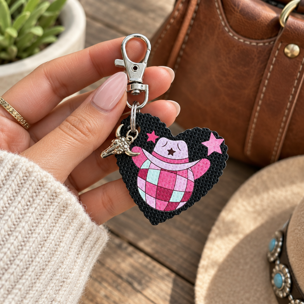 A close-up of a hand holding a black heart-shaped keychain with a round pink and white gingham design in a pink cowgirl hat, pink stars, and a small bull head charm. A brown leather handbag, a hat, and a potted plant are blurred in the background. Roxzell