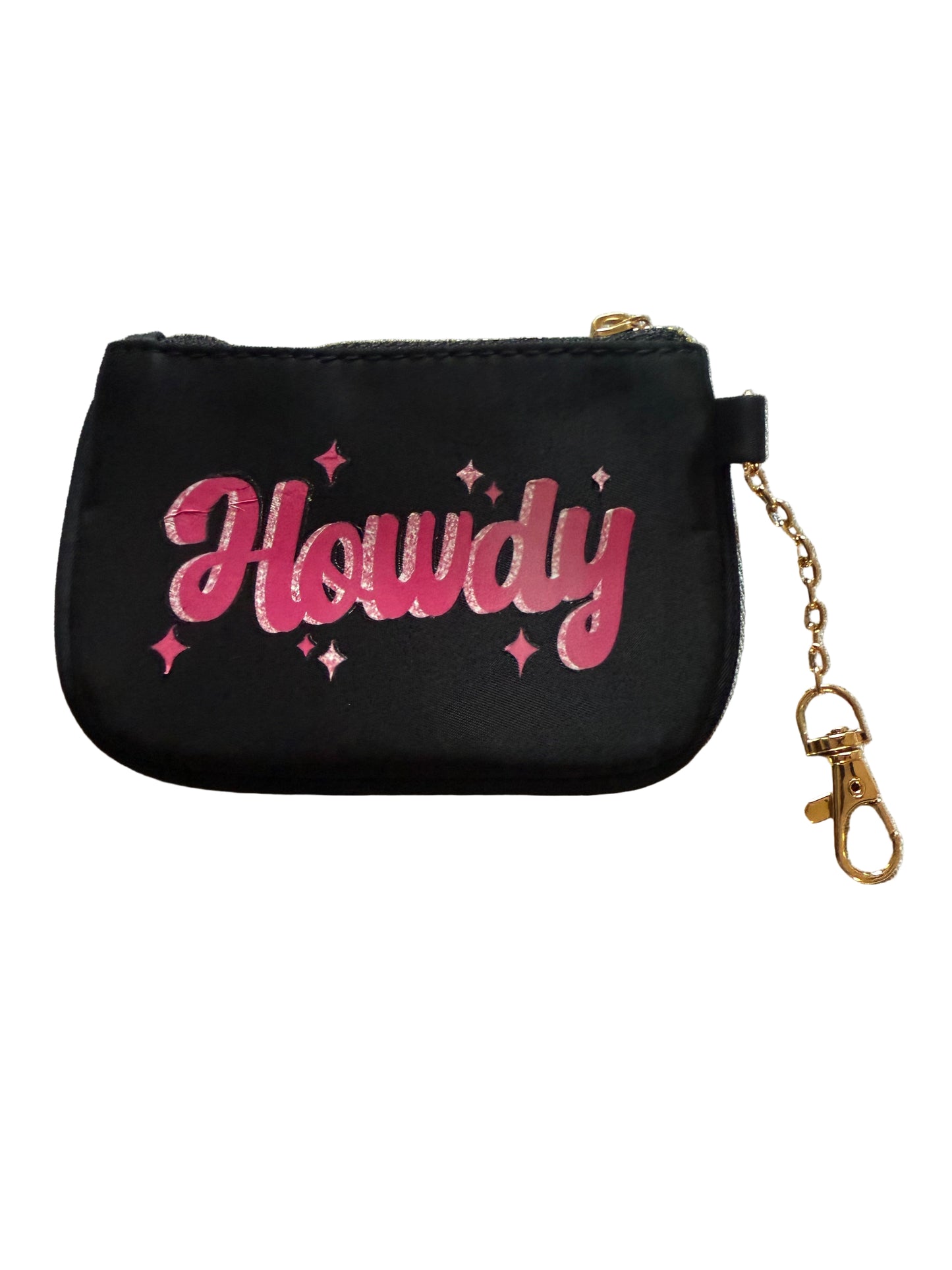 black coin and ID wallet with pink "Howdy" design and cold chain Roxzell