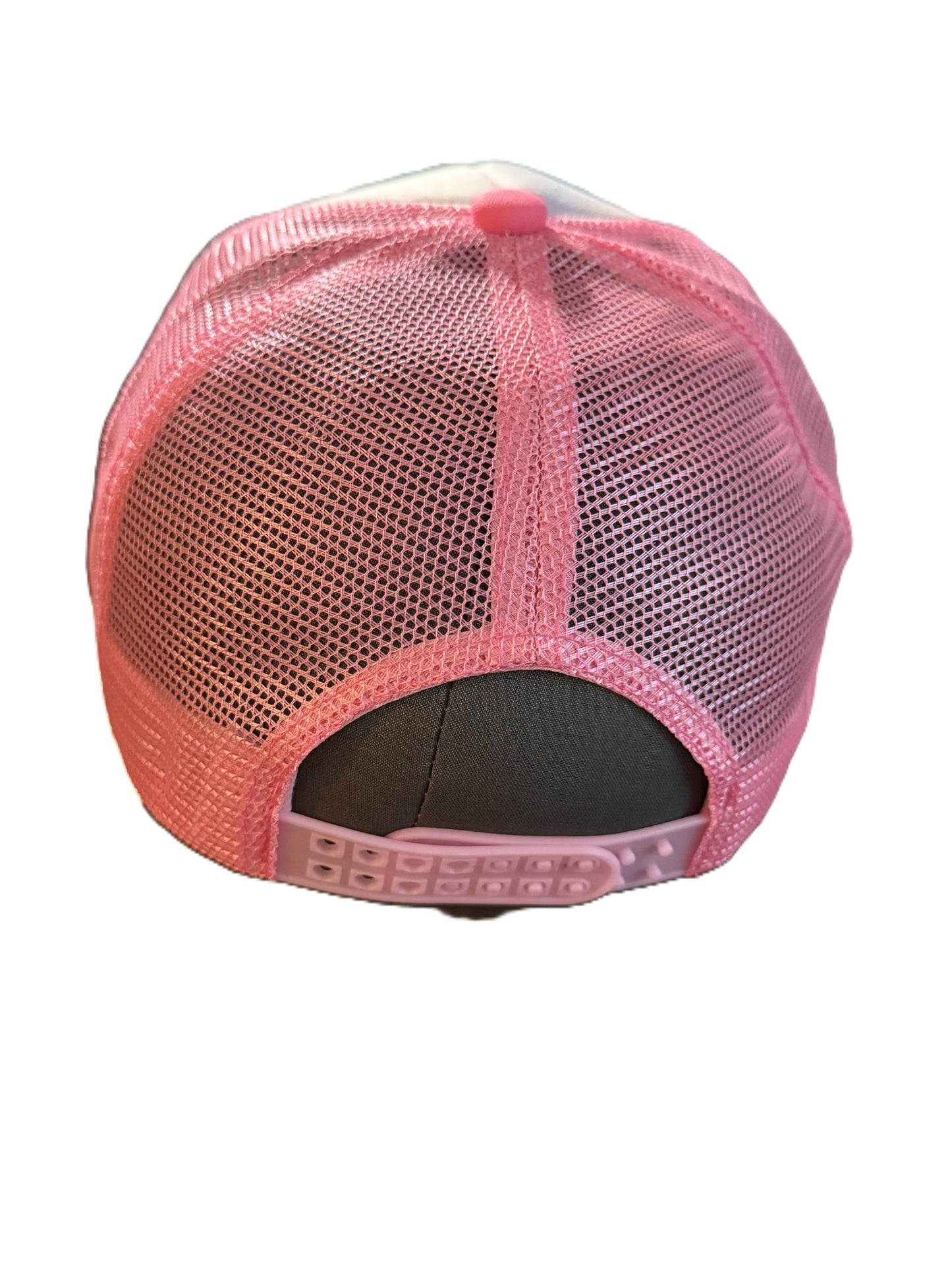 Back view of a pink and white trucker cap with a soccer ball and ribbon bow design with an adjustable snapback strap. Roxzell