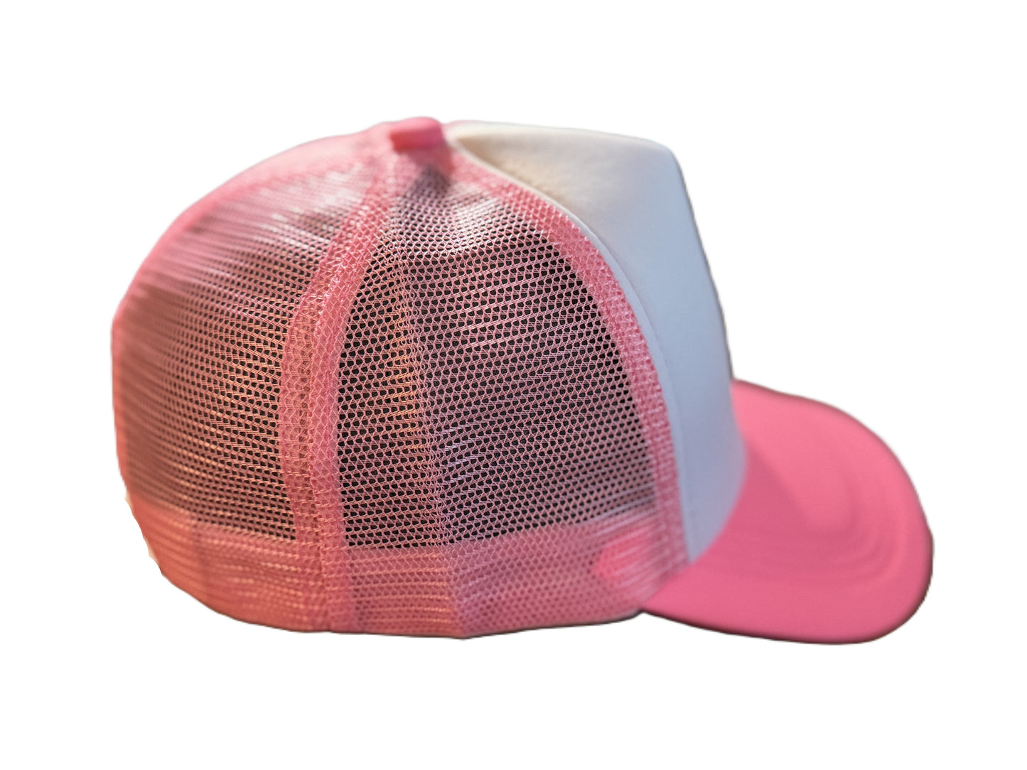 Right side view of a pink and white trucker cap with a soccer ball and ribbon bow design, showing the structured front and curved brim. Roxzell