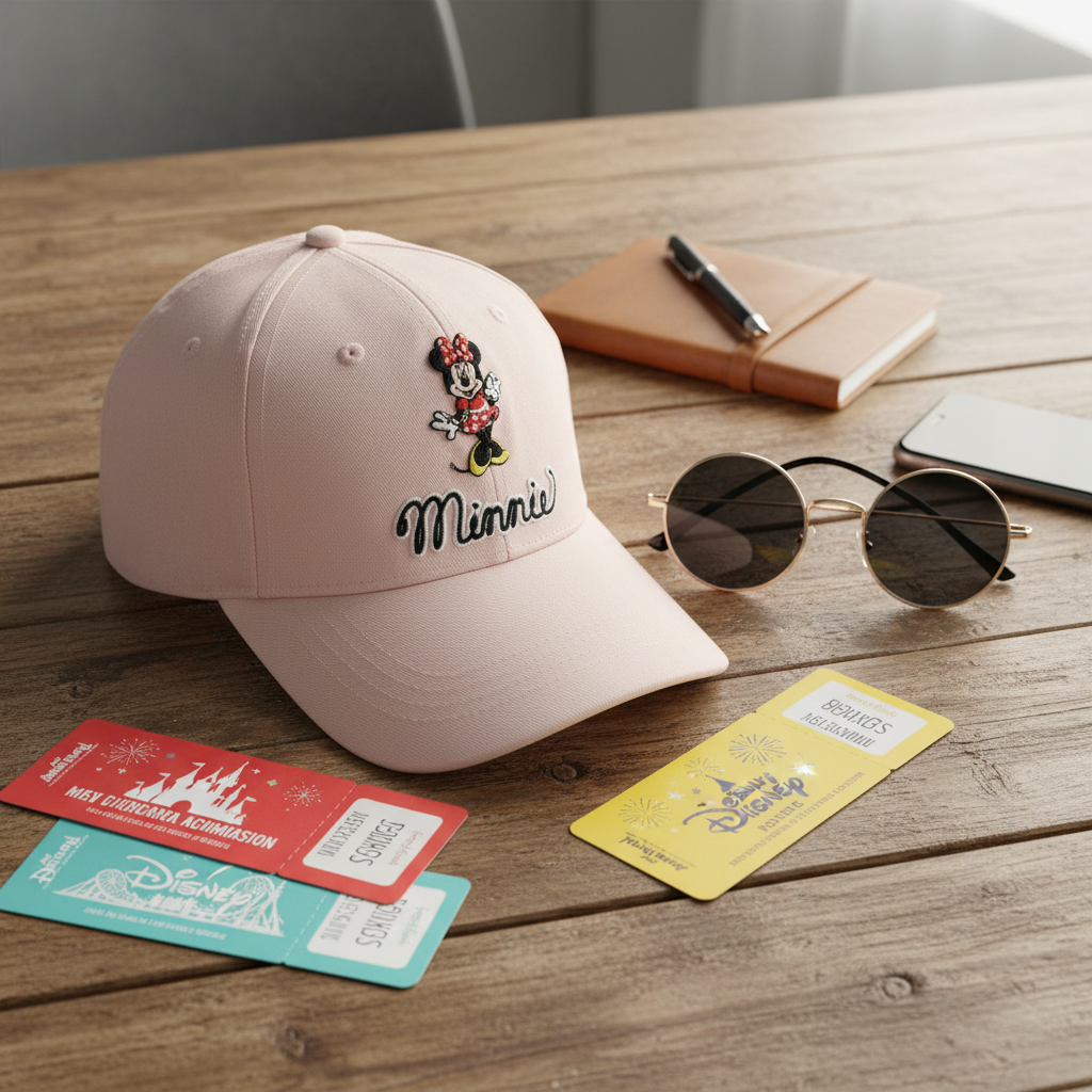A light pink baseball cap with an embroidered Minnie Mouse graphic and the word 'Minnie' on the front, styled on a wooden tabletop with sunglasses, a notebook, a phone, and Disney-themed tickets. Roxzell