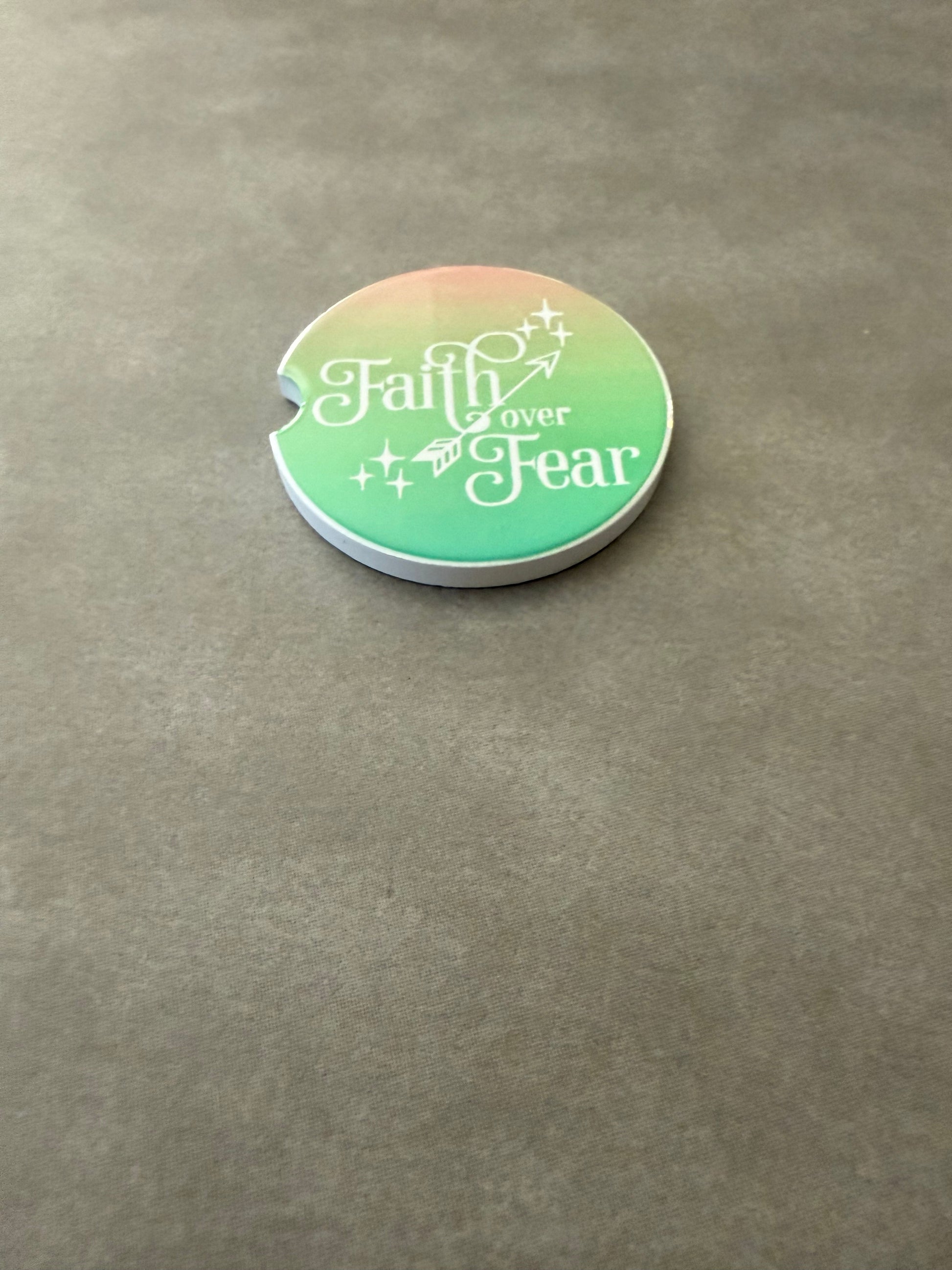Pink and Green car coaster with 'Faith over Fear' design Roxzell