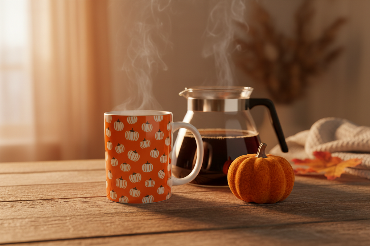 An orange ceramic mug with a white pumpkin pattern sits on a wooden table next to a glass coffee pot and a small decorative pumpkin, with steam rising from the mug in a warm autumn setting. Roxzell