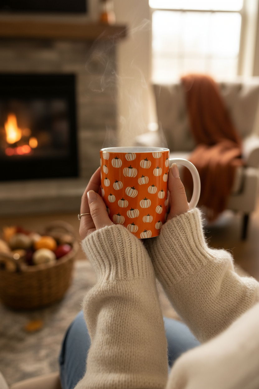 A person in a cream knit sweater holds a steaming orange mug with a white pumpkin pattern, set in a cozy living room with a fireplace in the background. Roxzell