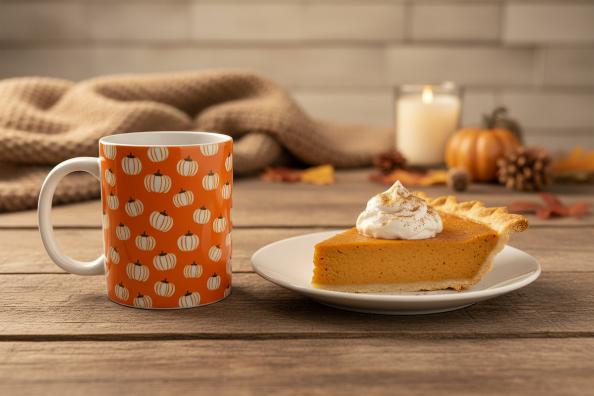An orange ceramic mug with a white pumpkin pattern sits on a wooden table next to a slice of pumpkin pie on a white plate, with a cozy autumn background featuring a candle, burlap cloth, and small pumpkins. Roxzell