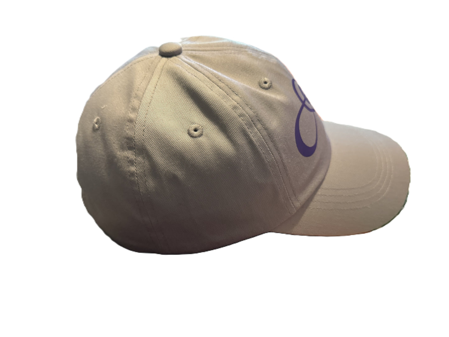 Right side view of a gray baseball cap featuring a purple infinity heart design symbolizing eternal love and connection. Roxzell