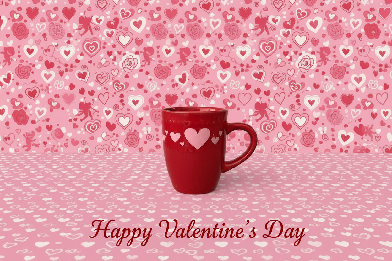 Romantic red mug with pink hearts styled for Valentine's Day holiday decor