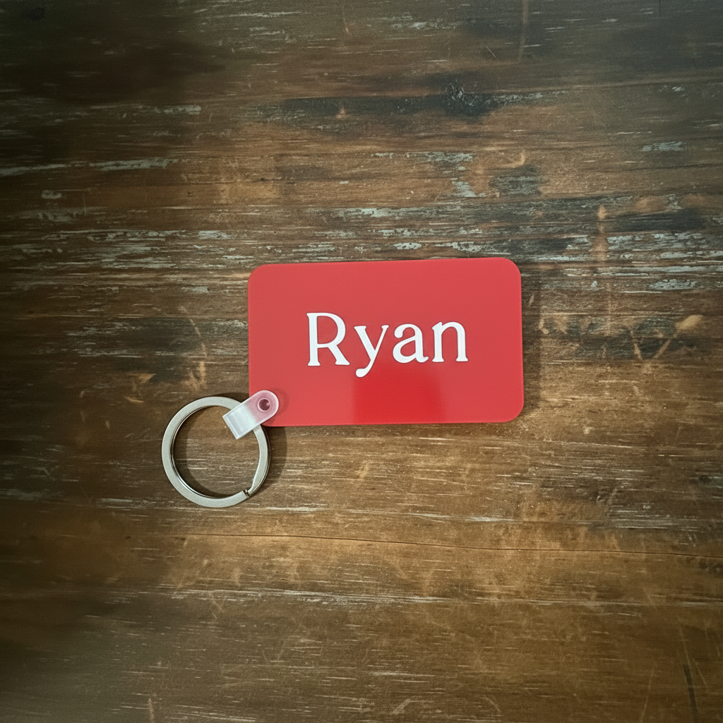 Red rectangular keychain with white name “Ryan” printed vertically, attached to a silver ring on a wooden surface. Roxzell